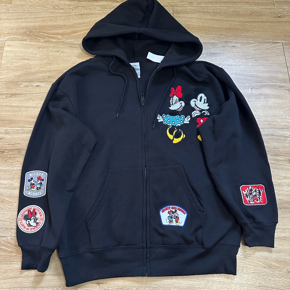 NWT Disney Mickey Mouse Minnie Black Zip Up Hoodie Patches Soft Women's Large